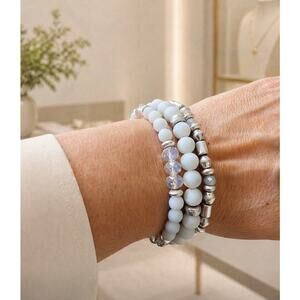 Pomina White Blue Silver Beaded Stretch Bracelets New